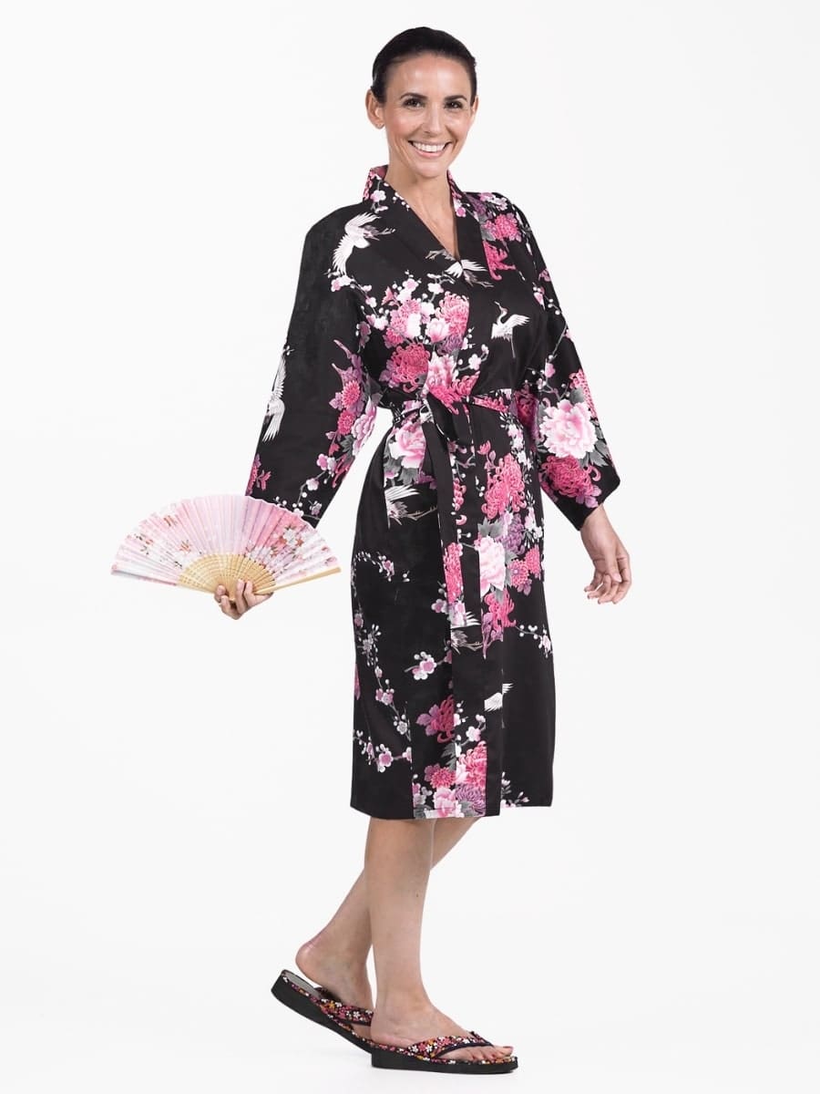 Happi Black Crane & Flowers Kimono til kvinder Én størrelse