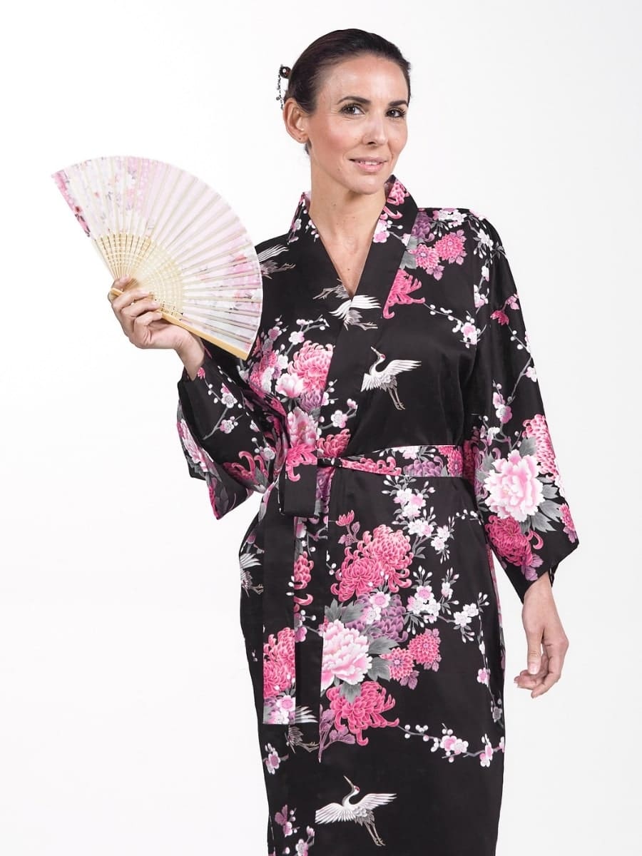 Happi Black Crane & Flowers Kimono til kvinder Én størrelse
