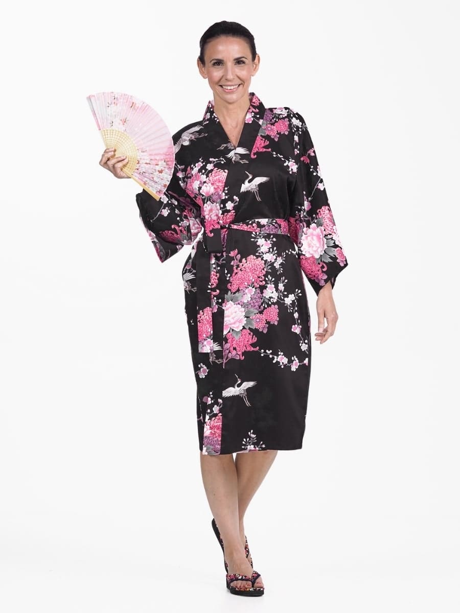 Happi Black Crane & Flowers Kimono til kvinder Én størrelse