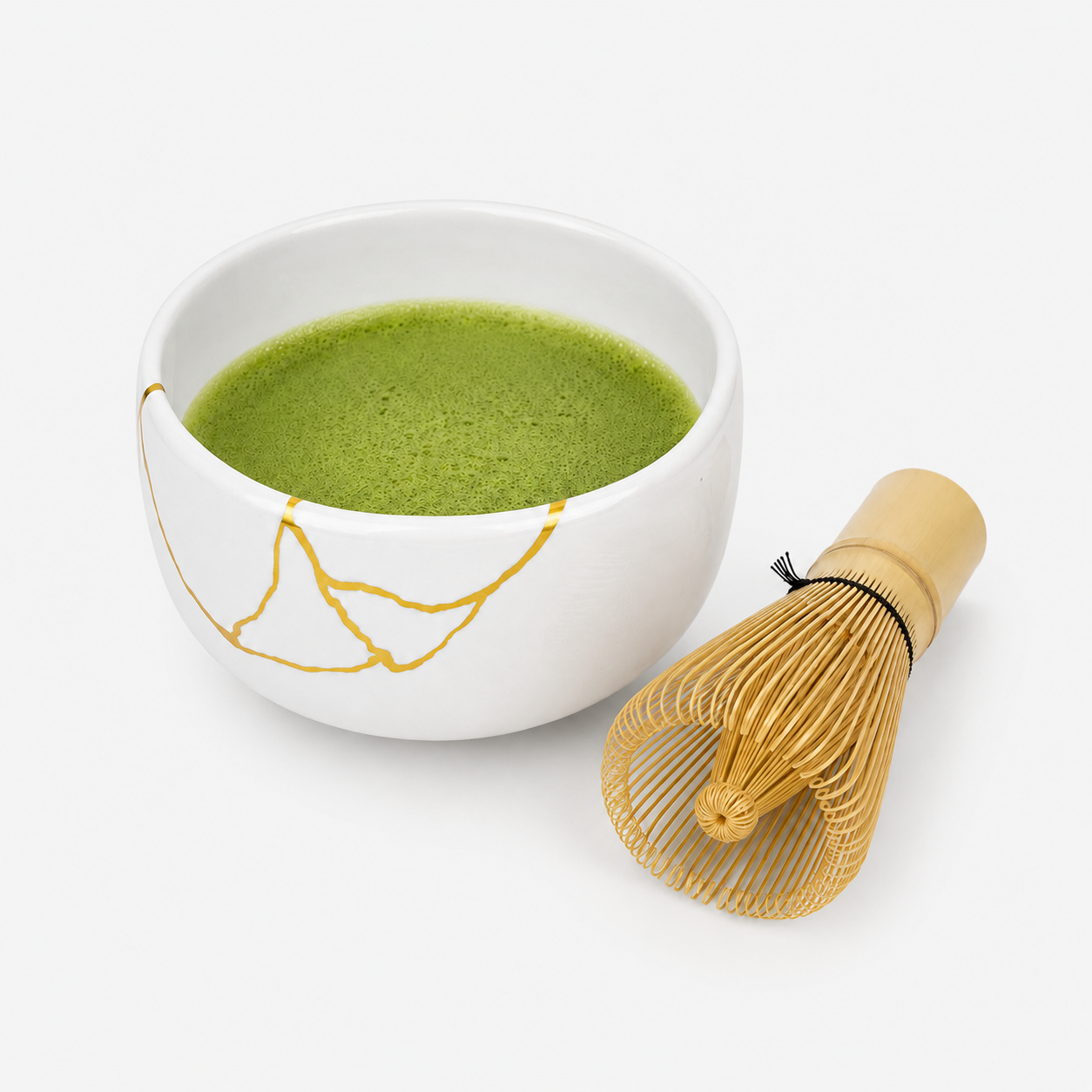 Hvid japansk matchaskål Kintsugi