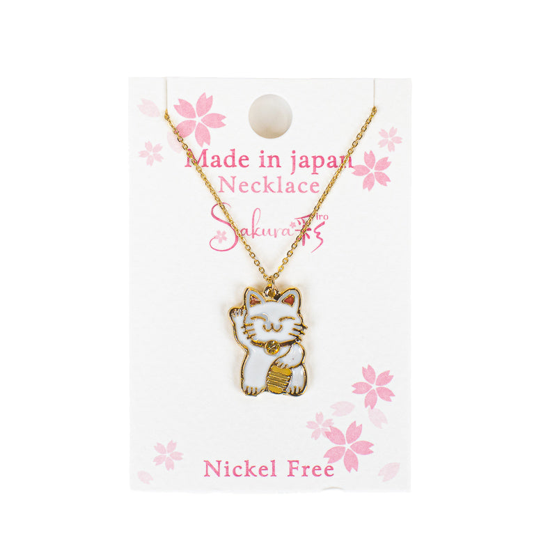Japansk halskæde med hvid og guldfarvet Maneki-Neko-vedhæng