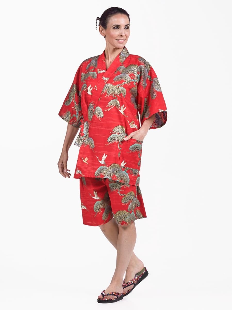 Japansk Jinbei Red Crane & Pine til kvinder S