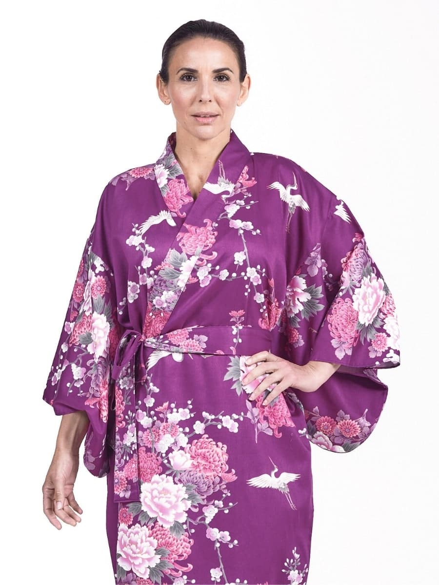 Japansk kimono til kvinder Purple Peony & Crane Én størrelse