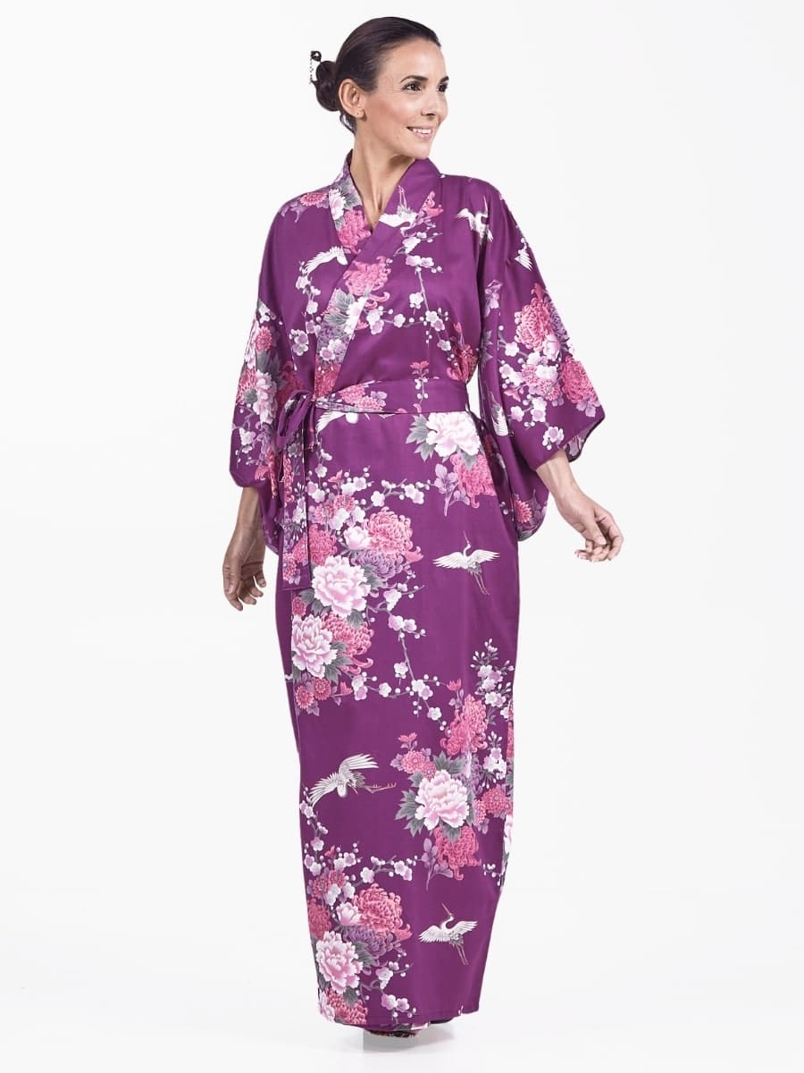 Japansk kimono til kvinder Purple Peony & Crane Én størrelse