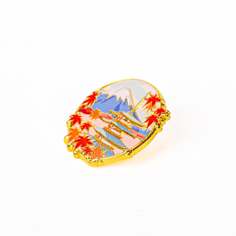 Japansk metal-pin med Momiji tempel og Fuji