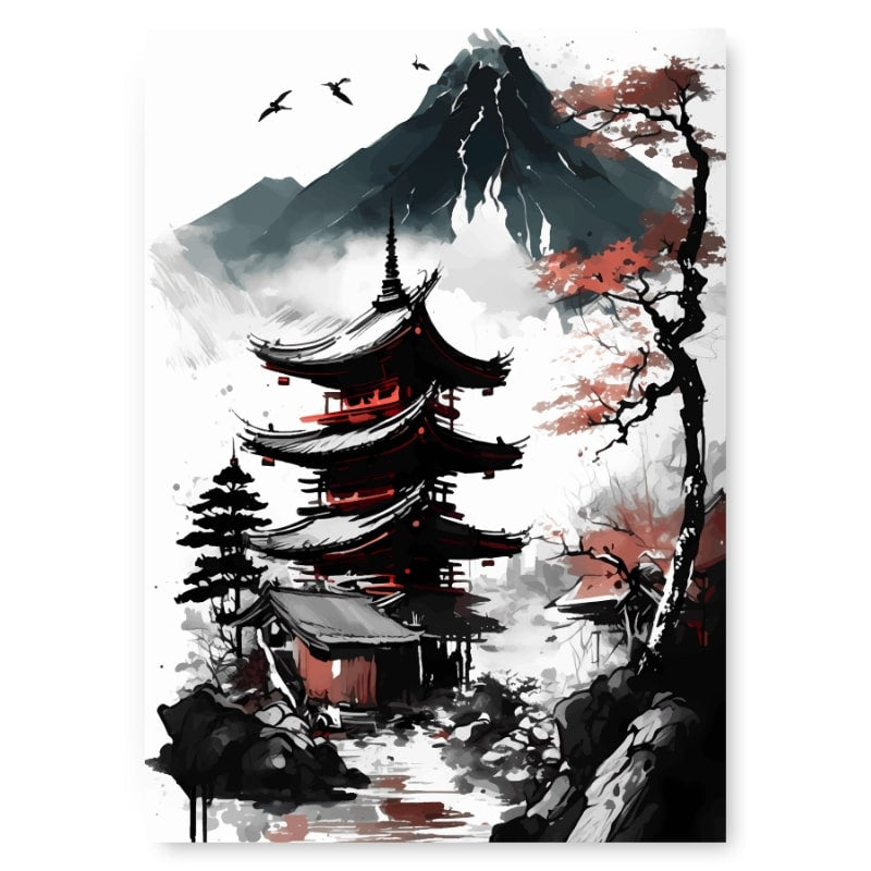 Japansk plakat med udsigt til pagode A3