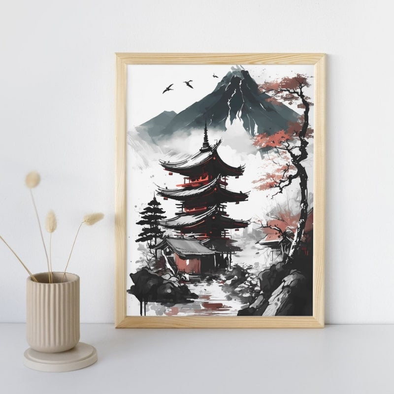 Japansk plakat med udsigt til pagode A3
