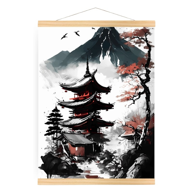 Japansk plakat med udsigt til pagode A3