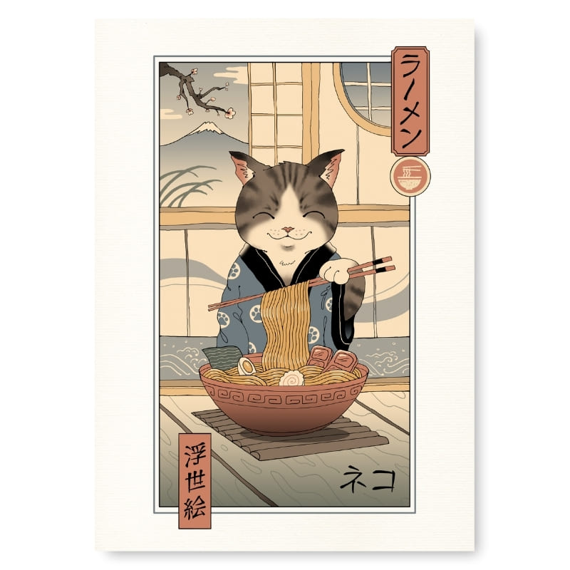Japansk Ukiyo-e Neko Ramen-plakat A3