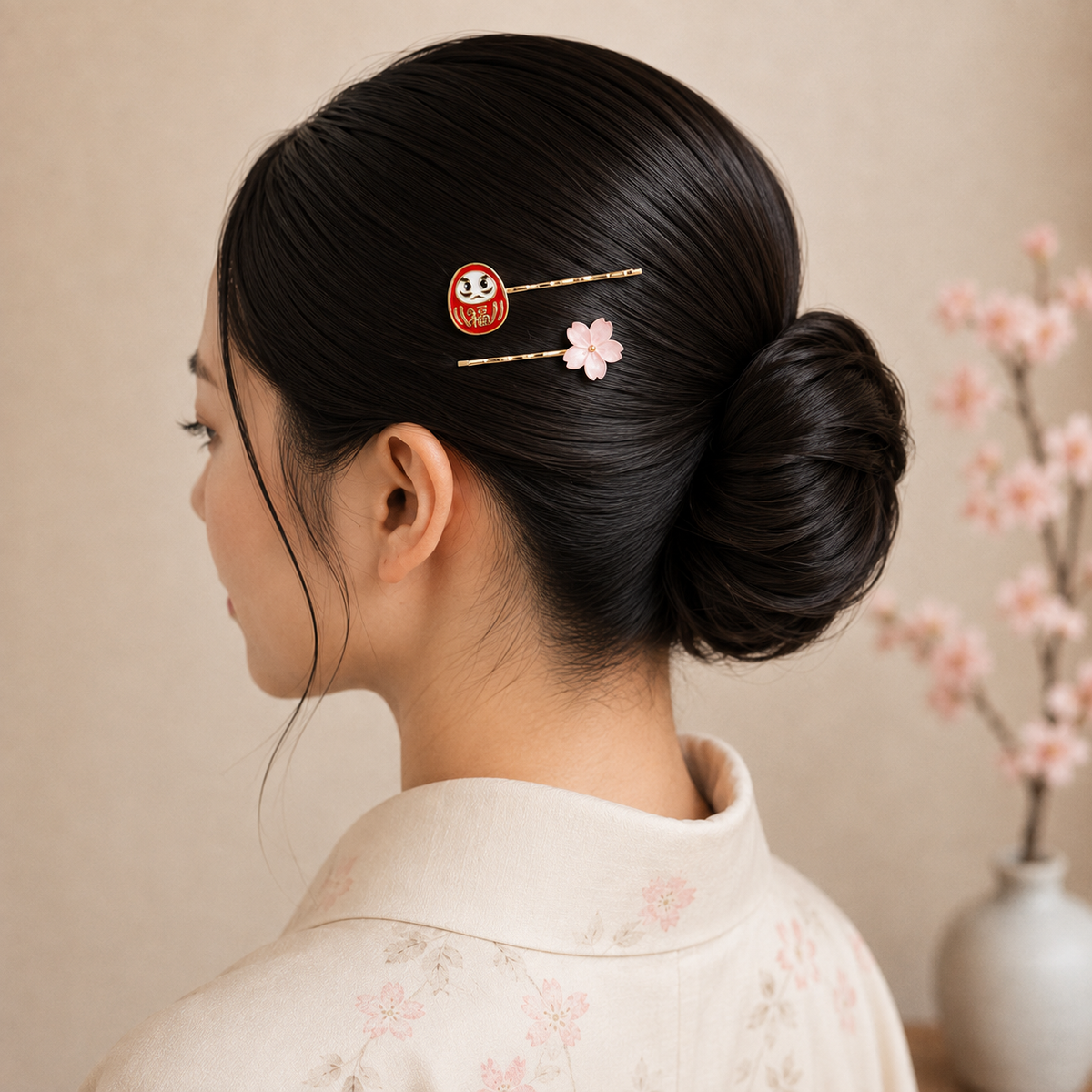 Japanske hårspænder med Daruma og Sakura-motiv