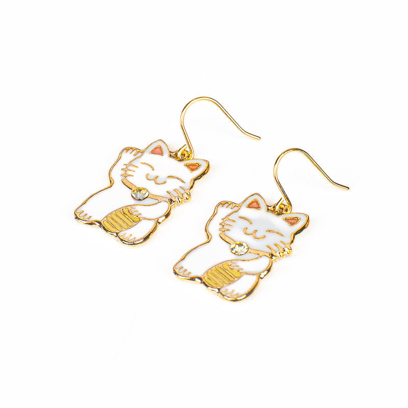 Japanske Maneki-Neko-øreringe i hvidt og guld