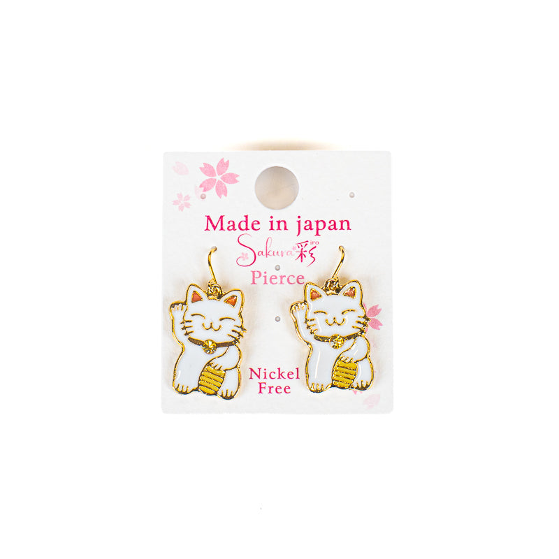 Japanske Maneki-Neko-øreringe i hvidt og guld