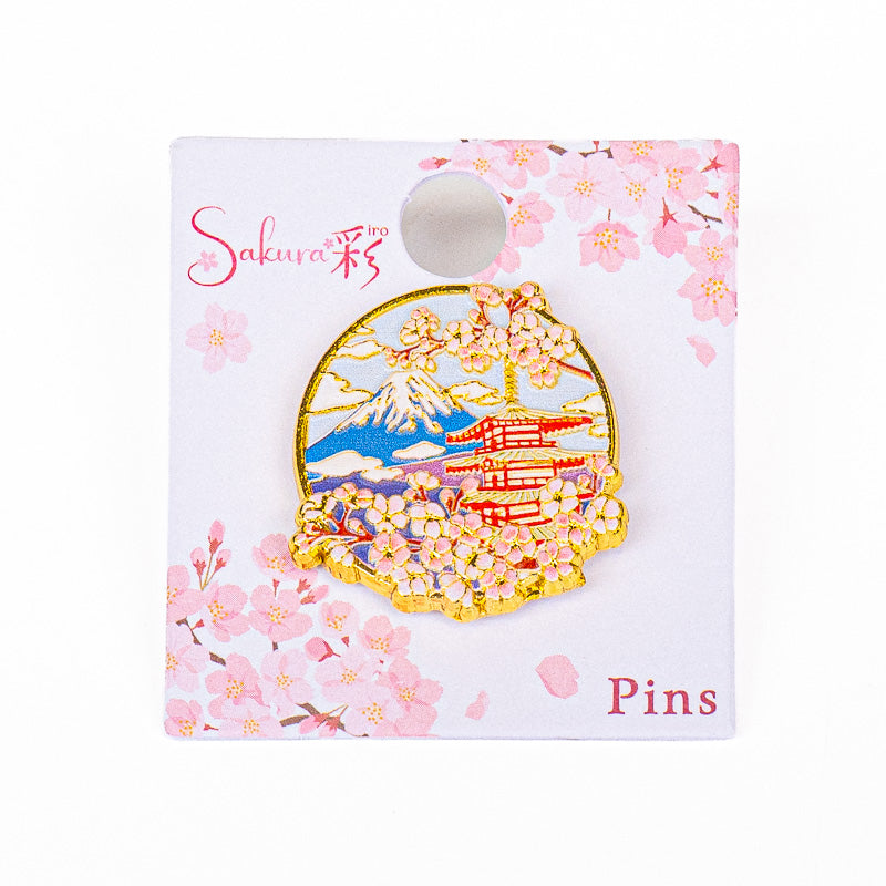 Japanske metal-pins med motiv af et tempel Fuji og sakura