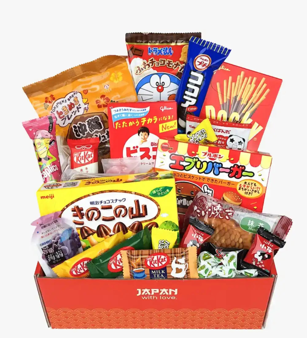 Boîte de snacks japonais remplie de friandises colorées et de marques populaires.
