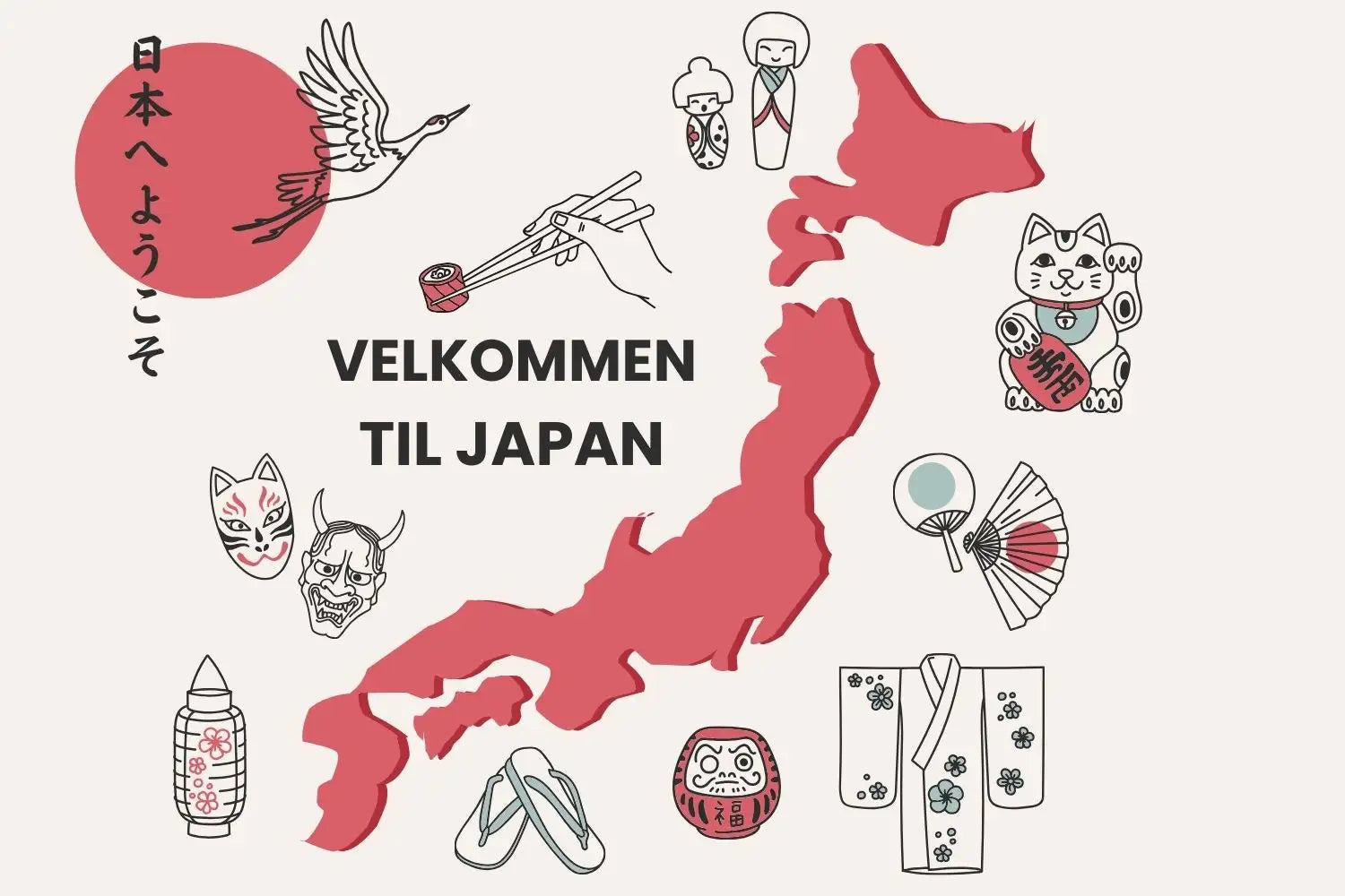 Rød silhuet af Japan med kulturelle ikoner som en trane, spisepinde og heldig kat.