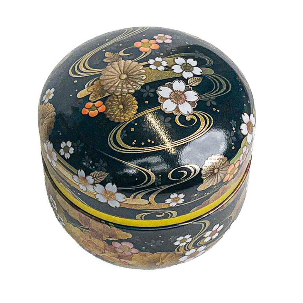 Rund Japansk Tedåse i Metal - Sort med Blomster