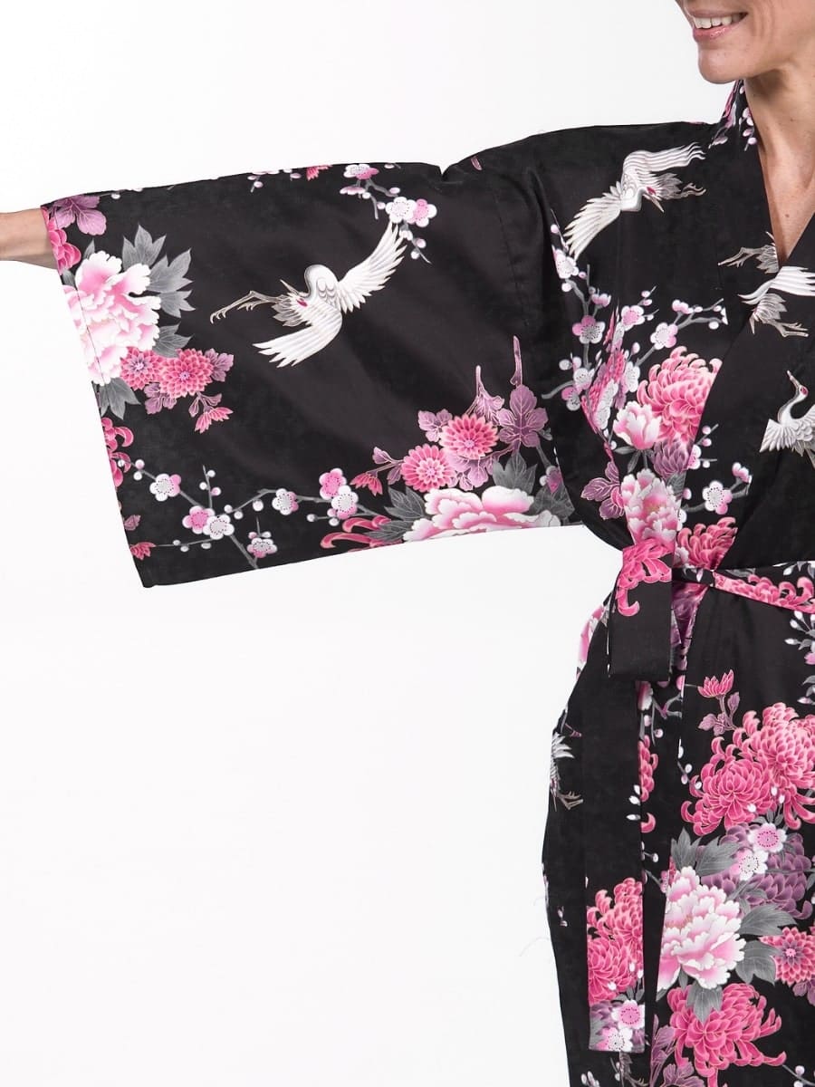 Happi Black Crane & Flowers Kimono til kvinder Én størrelse