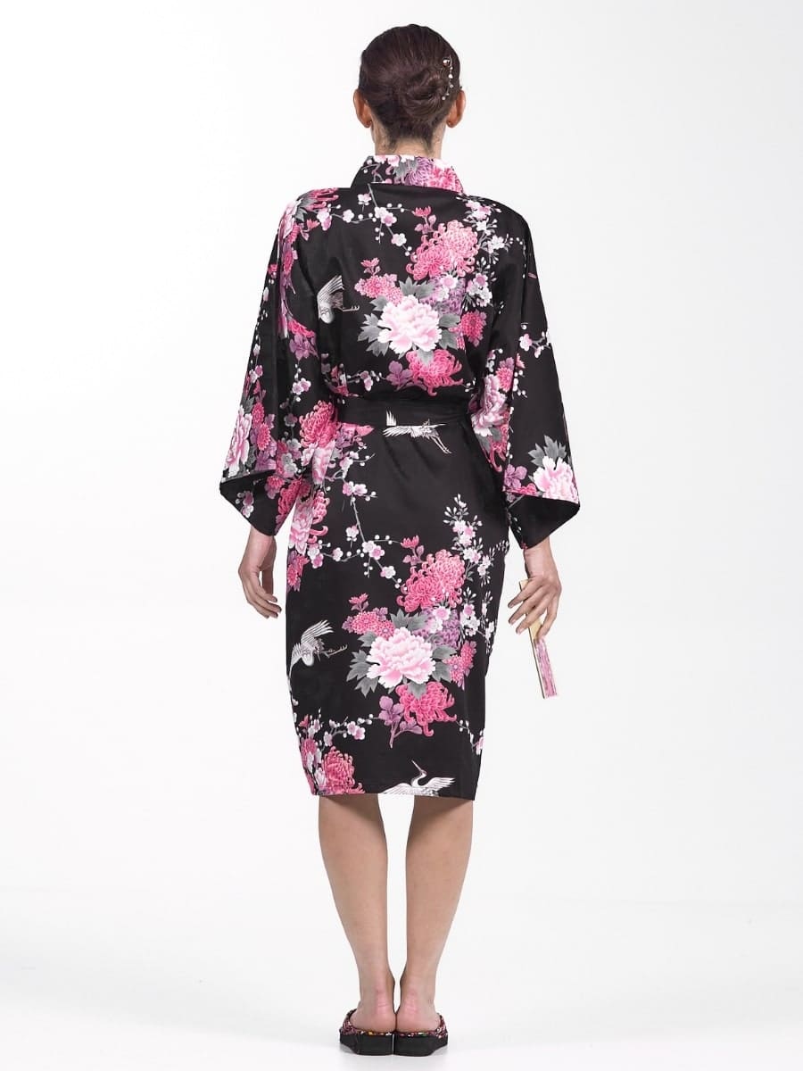 Happi Black Crane & Flowers Kimono til kvinder Én størrelse
