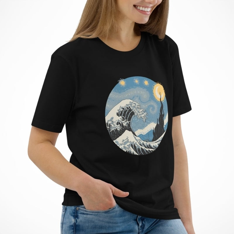 Japansk bølge og stjerneklar nat T-shirt