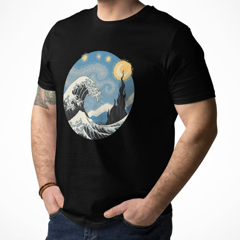 Japansk bølge og stjerneklar nat T-shirt