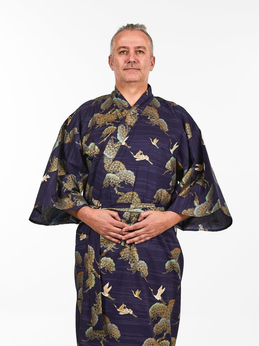 Japansk kimono med trane og fyrretræ til mænd Én størrelse