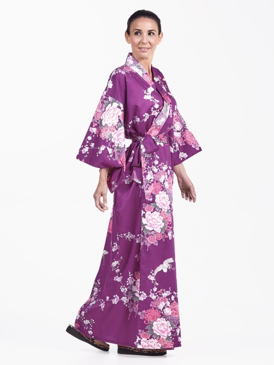 Japansk kimono til kvinder Purple Peony & Crane Én størrelse