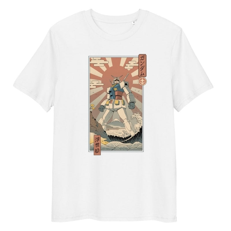 Japansk Ukiyo-e Mecha & Fuji T-shirt S / Hvid