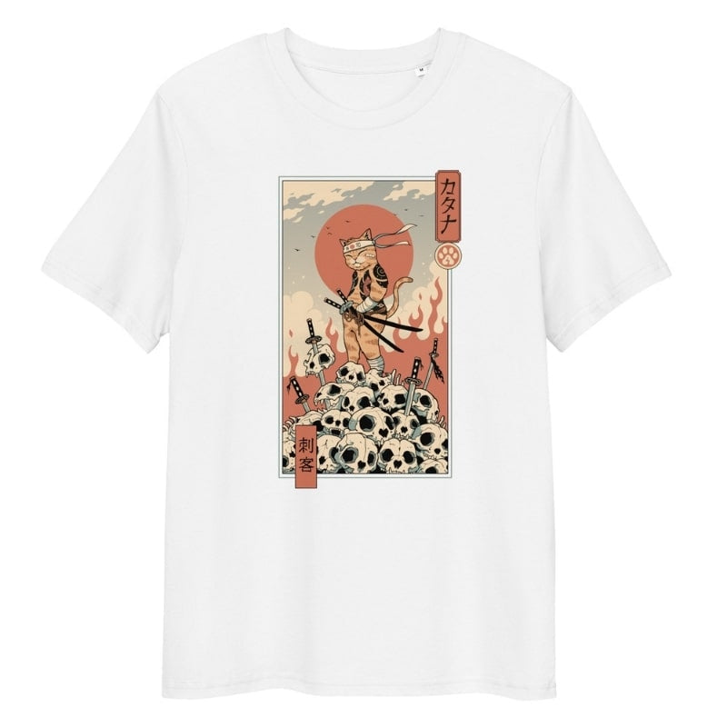 Japansk Ukiyo-e Neko Assassin T-shirt S / Hvid