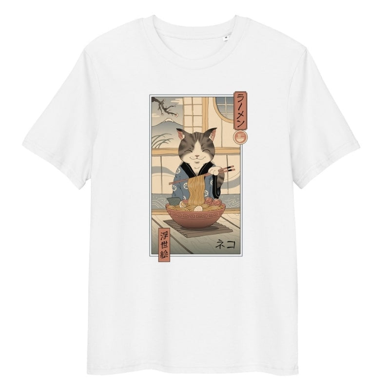 Japansk Ukiyo-e Neko Ramen T-shirt S / Hvid