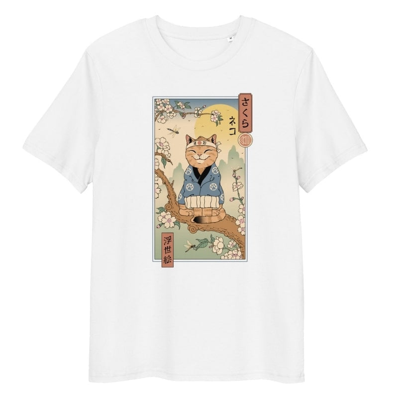 Japansk Ukiyo-e Neko Sakura T-shirt S / Hvid