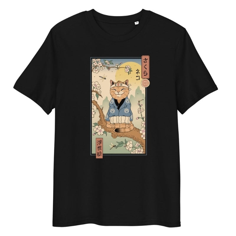 Japansk Ukiyo-e Neko Sakura T-shirt S / Sort