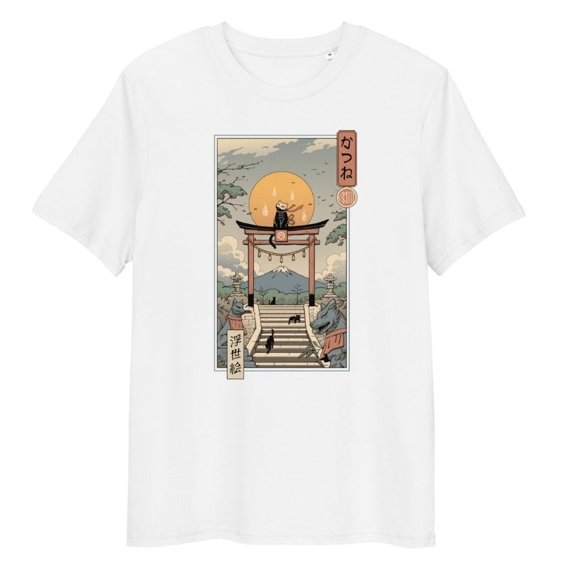 Japansk Ukiyo-e T-shirt Neko Inari S / Hvid