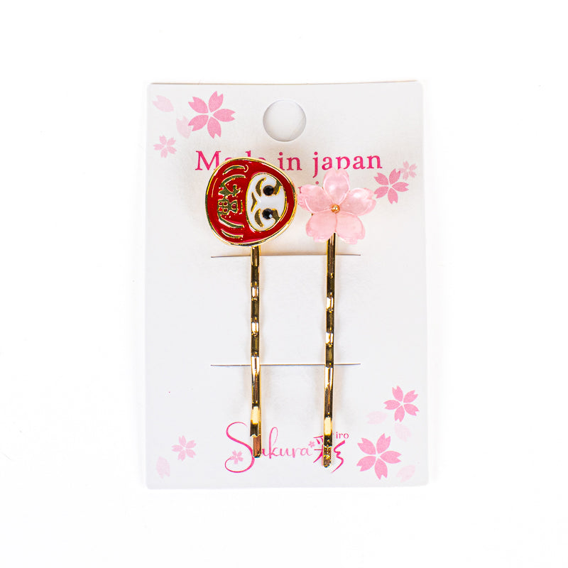 Japanske hårspænder med Daruma og Sakura-motiv