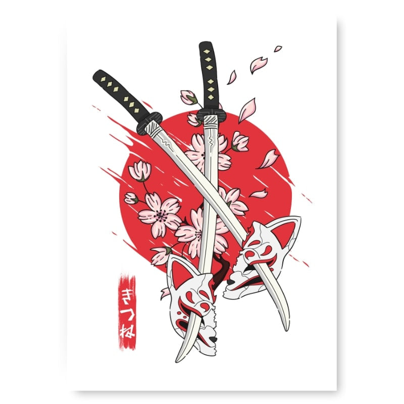 Kitsune & Katana japansk plakat A3