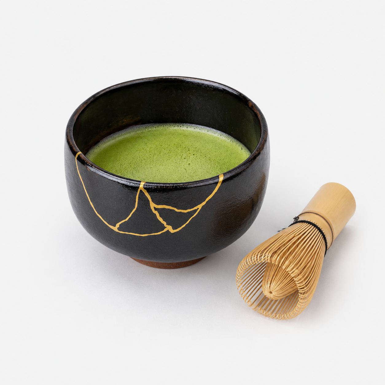 Sort japansk matchaskål Kintsugi